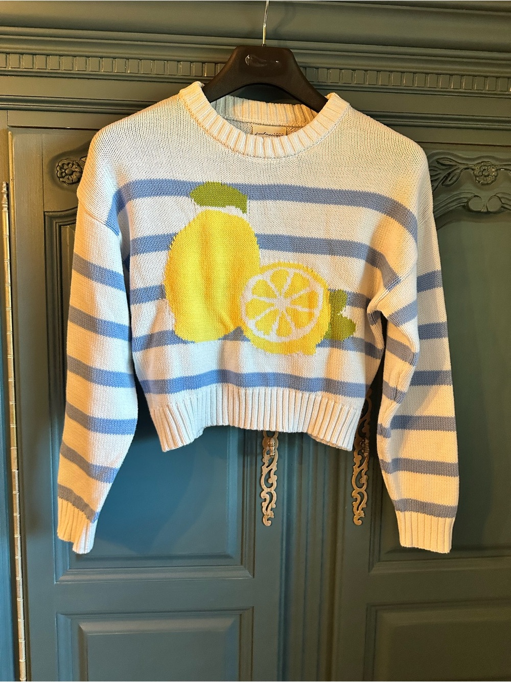 Freshman White & Light Blue Striped Lemon Crewneck Sweater